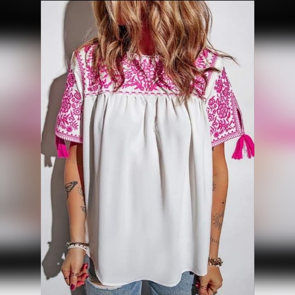 Pink embroidered white blouse XL - Picture 1 of 1